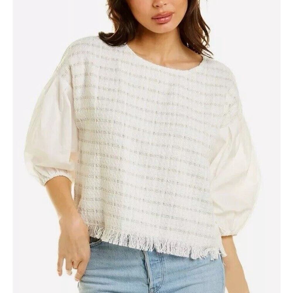 Fate Anthropologie Women Cream Tweed Balloon Sleeve Fringe Boho Blouse Top LARGE